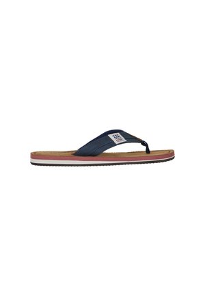 Enkele marineblauwe slipper met een gewatteerde bruine zool, rood-wit gestreepte tussenzool en een klein wit label op het bandje.