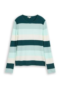Strickpullover in Türkis, Mint und Weiß mit horizontalen Streifen. Mit rundem Ausschnitt und langen Ärmeln aus dehnbarem Stoff.