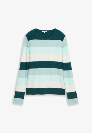 Kötött pulóver türkizkék, menta és fehér vízszintes csíkokkal. Kerek nyakkivágással és hosszú ujjakkal rendelkezik, rugalmas anyagból készült.