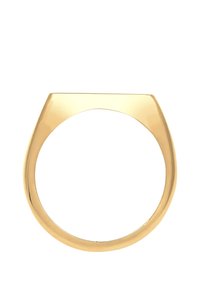 Anello in oro con una fascia liscia e arrotondata, caratterizzata da un frontale squadrato e contemporaneo. La finitura lucida aumenta l'aspetto elegante.