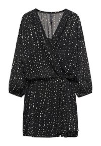 Abito avvolgente nero realizzato in tessuto leggero con una stampa a pois bianchi. Presenta maniche lunghe a palloncino e una chiusura laterale con fiocco.
