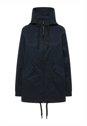 Veste à capuche bleu marine avec fermeture éclair à l'avant, cordons noirs, deux poches à rabat boutonnées et poignets élastiques.