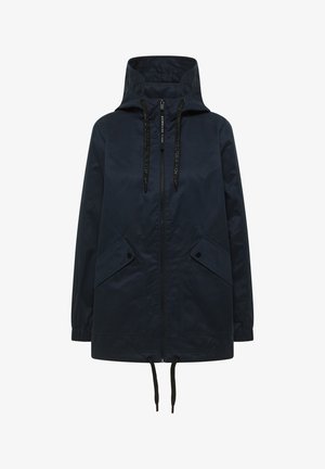 Veste à capuche bleu marine avec fermeture éclair à l'avant, cordons noirs, deux poches à rabat boutonnées et poignets élastiques.