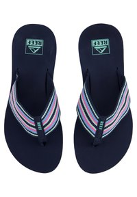 Infradito navy con una fascia in tessuto a righe nei colori rosa, blu e verde. Presentano un plantare testurizzato e un logo sulla suola.