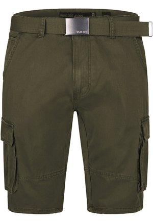 Olivgrüne Cargo-Shorts mit seitlichen Klappentaschen, vorderen und hinteren Nähten sowie einem passenden Stoffgürtel mit silberner Schnalle.