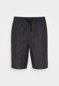 Shorts à carreaux gris foncé avec une taille élastique et un cordon de serrage noir, présentés sur un fond clair uni.