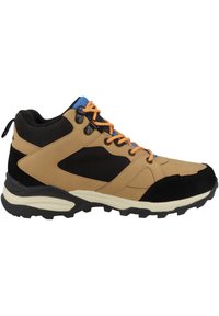 Brązowe i czarne buty trekkingowe z mieszanym materiałem, z pomarańczowymi sznurowadłami i niebieskim akcentem na języku, teksturowana gumowa podeszwa.