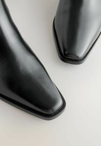 Sorte syntetiske ankelstøvler med spids tå-design og glat tekstur, prydet med en sort gummisål og minimale detaljer for et elegant udseende.