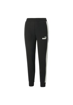 Pantalon de survêtement Puma noir avec des bandes blanches sur les côtés et des poignets élastiques, avec le logo Puma sur la partie supérieure de la cuisse gauche.