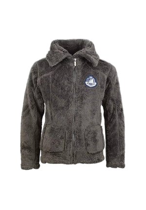 Chaqueta gris oscuro, esponjosa, con cremallera y cuello alto, dos bolsillos delanteros y un escudo bordado en azul y blanco en el pecho izquierdo.