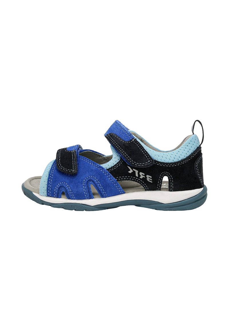 Niebieskie i czarne sandały dziecięce z zapięciem na rzep, wykonane z zamszu i siateczki, z otwartym czubkiem oraz teksturowaną szaro-skalą.