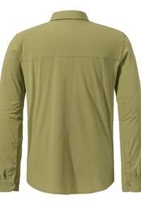 Langärmliges Hemd in hellolivgrün, weicher Stoff, Button-Down-Kragen, Rückenteil mit Yoke-Detail, verstellbare Manschettenriegel, glatte Textur.