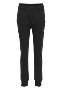 Svarta sweatpants i mjukt tyg, med dragsko i midjan, avsmalnande ben och ribbade muddar. Inkluderar en liten logodetalj.