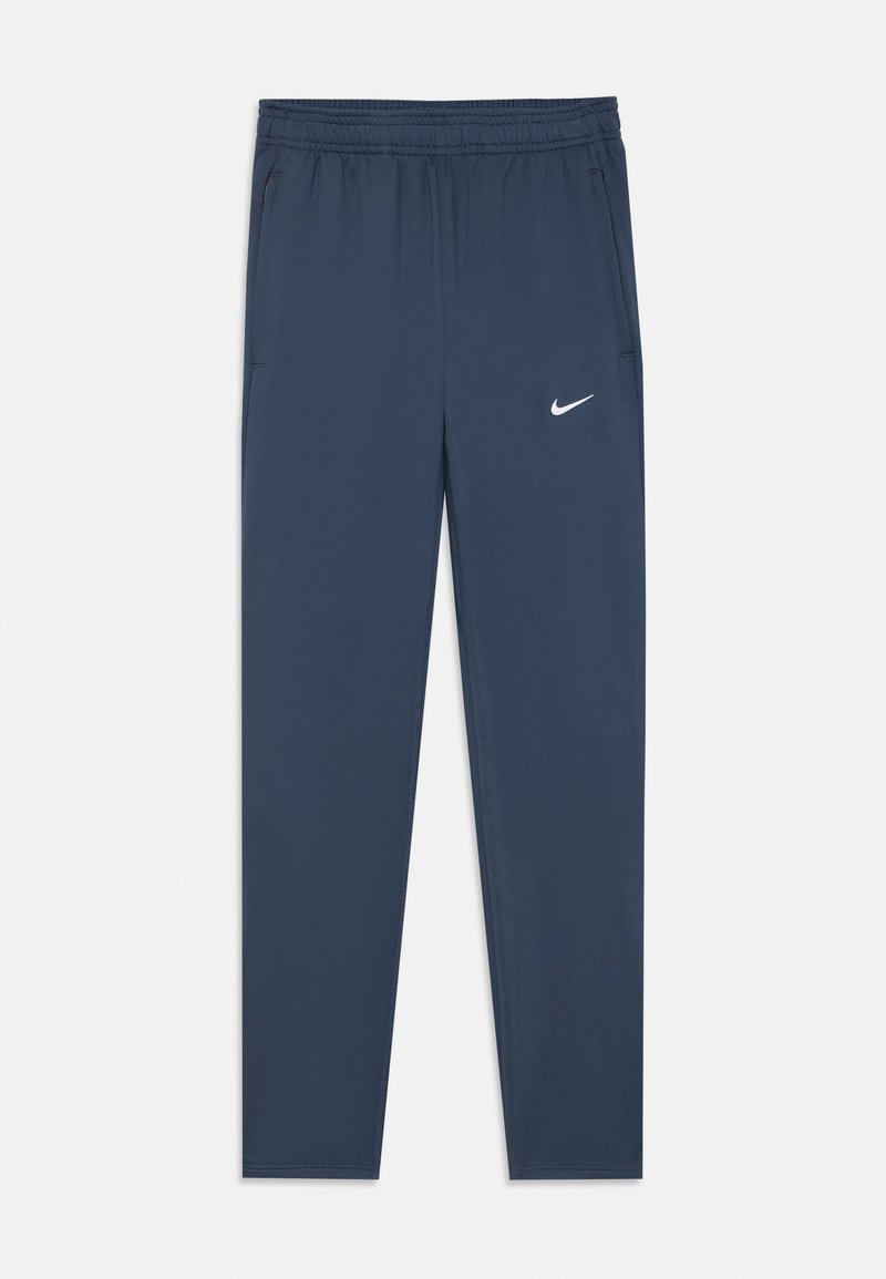 Navy athletic pants with an elastic waistband, side pockets, and a white Nike logo on the left thigh, featuring a smooth and lightweight texture.