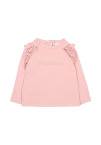Chemise à manches longues rose en coton doux avec des accents froncés sur les épaules et "TRUSSARDI" brodé en doré à l'avant.