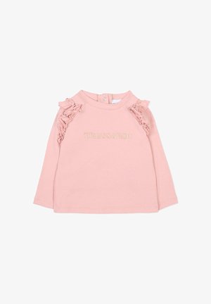Chemise à manches longues rose en coton doux avec des accents froncés sur les épaules et "TRUSSARDI" brodé en doré à l'avant.