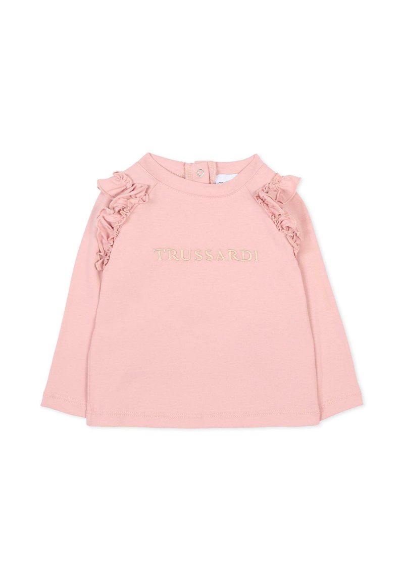 Chemise à manches longues rose en coton doux avec des accents froncés sur les épaules et "TRUSSARDI" brodé en doré à l'avant.