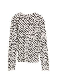 Långärmad vit topp med svart leopardmönster, rund halsringning och figursydd silhuett.