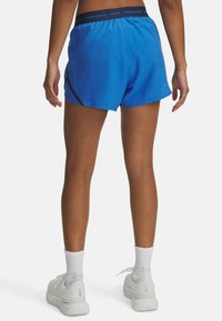 Shorts de sport bleu avec un design en maille texturée, des accents noirs et une taille élastique, associés à des baskets blanches et des chaussettes.