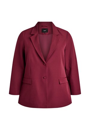 Blazer da donna di colore rosso scuro, con rever a punta, due tasche frontali a pattina e due bottoni coperti sul davanti.