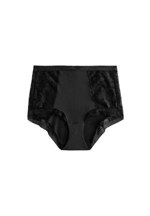 Fekete magas derekú női fehérnemű virágos csipkés panelekkel az oldalán és hálós csipkés díszítéssel a lábnyílások körül, sima anyag elöl.