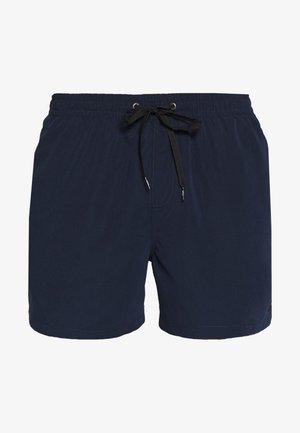 Navy blue swim shorts made of lightweight fabric. Features an elastic waistband with a black drawstring, and side seam pockets.