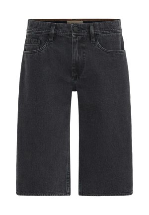 Fekete farmer rövidnadrág egyenes szabással, elülső zsebekkel és gombos záródással. A szövet sima tapintású, minimális kopással.