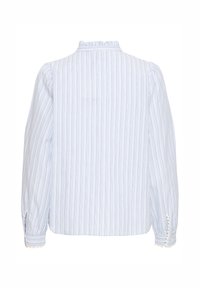 Blusa a rayas azul claro y blanca con cuello fruncido, mangas largas y detalles de puño con bordes ondulados. Vista trasera sin adornos adicionales.