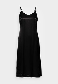 Vestido slip de cetim preto com alças finas ajustáveis, apresentando um decote em V e uma bainha reta. Textura suave e design minimalista.
