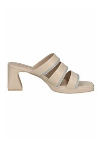 Beige slide sandals with three wide straps, two accented with glitter, and a chunky block heel. Smooth surface and square toe design.