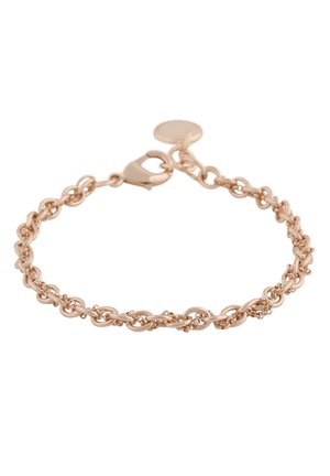 Bracelet délicat en chaîne en or rose avec un fermoir mousqueton et un petit pendentif circulaire sur fond blanc.