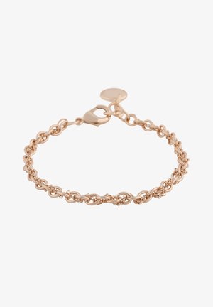 Bracelet délicat en chaîne en or rose avec un fermoir mousqueton et un petit pendentif circulaire sur fond blanc.