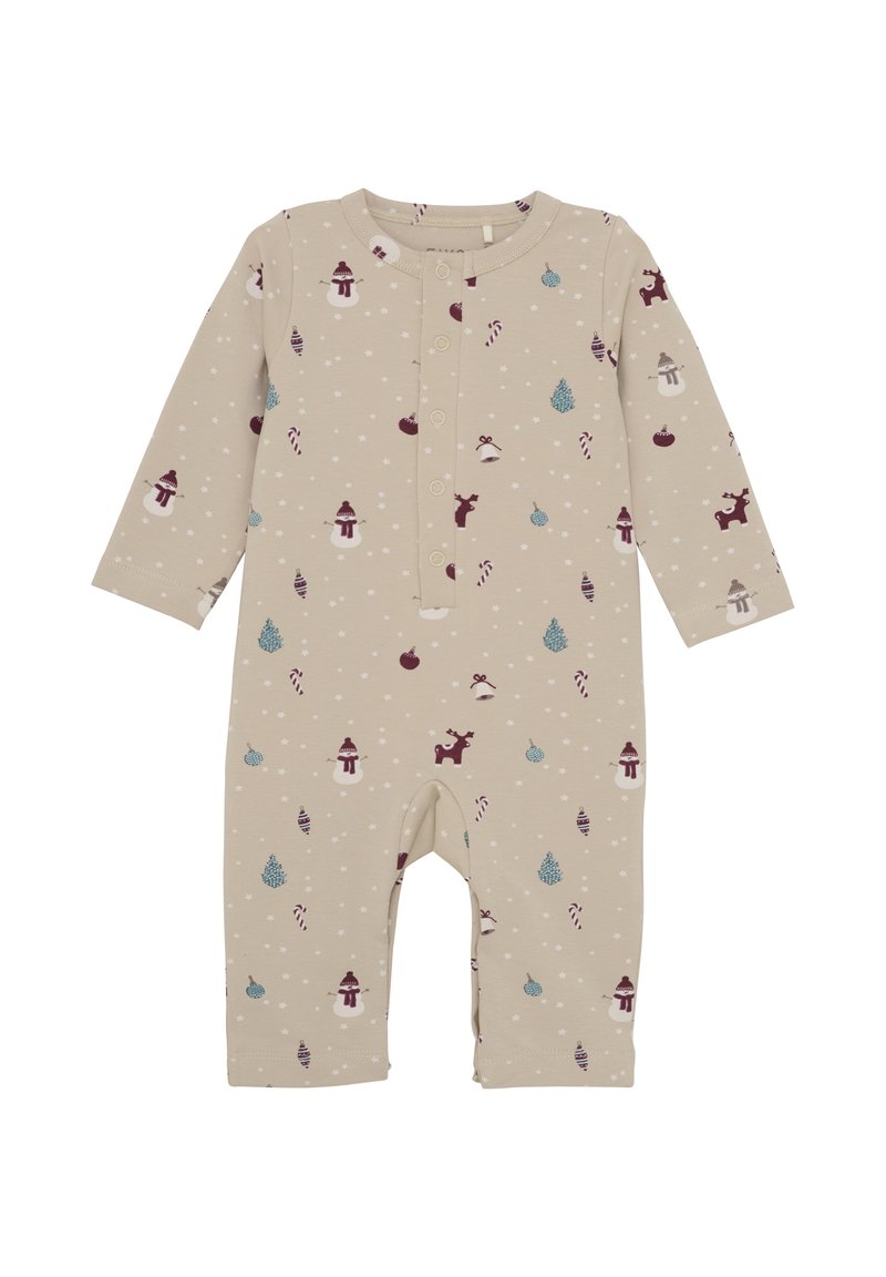 Tan onesie med lange ærmer, der har ferieinspirerede prints som rensdyr, snemænd og træer. Knapper løber ned langs forsiden. Blødt stof.