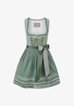 Grünes Dirndl-Kleid mit Spitze, taillierter Oberteile und ausgestelltem Rock. Verfügt über Pünktchen, ein graues Satinsatinband und dekorative Verzierungen.