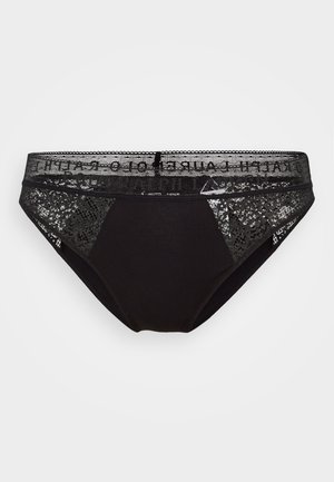 Roupa interior em mistura de renda preta e algodão, com uma faixa decorativa de renda na cintura e painéis transparentes. Apresenta um acabamento suave e uma forma de slip tradicional.