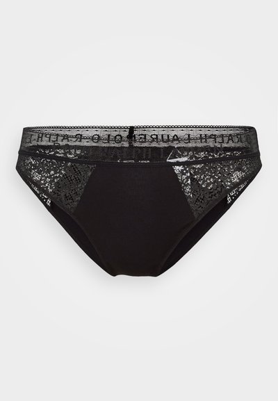 Črno spodnje perilo iz mešanice čipke in bombaža z okrasnim čipkastim pasom in prosojnimi paneli. Ima gladek zaključek in tradicionalen kroj hlačk.