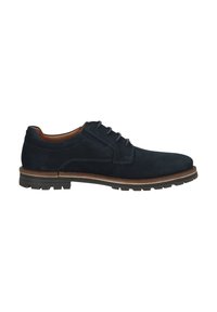 Chaussure en cuir bleu marine pour homme, à lacets, avec doublure intérieure beige et semelle en caoutchouc épaisse avec motif de traction.