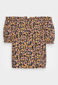Top off-the-shoulder com fundo preto e padrões florais amarelos e rosas, mangas bufantes e decote franzido.