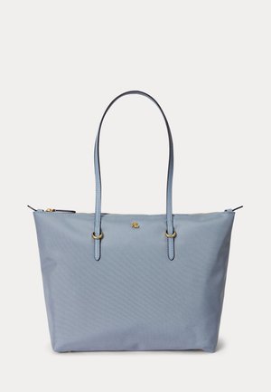 Világoskék bevásárlótáska két vállpánttal, arany cipzárzárral és kis arany „RL” logóval az elülső középen.