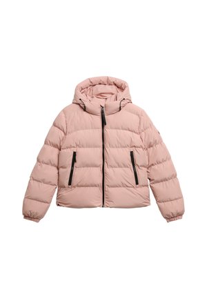 Chaqueta rosa acolchada con capucha, que cuenta con un cierre frontal con cremallera y dos bolsillos negros con cremallera, diseñada con puños elásticos para un ajuste cómodo.