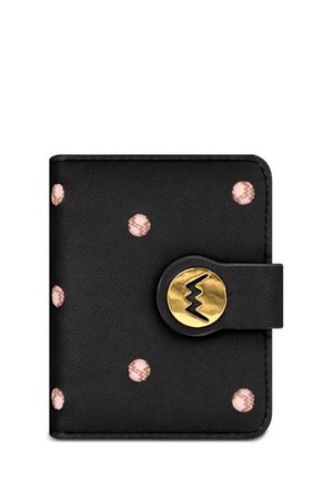 Black leather wallet with pink zigzag-patterned dots, featuring a gold circular snap closure and a textured finish. Compact design.
