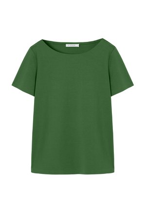 Roheline naiste lühikeste varrukatega topp ümarate kaeluse ja sirge äärega, suurus väike, lihtne kangas ilma mustrite või logodeta.