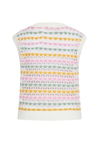 Top senza maniche lavorato a maglia con una base bianca, caratterizzato da strisce orizzontali di rosa, giallo, verde e arancione in un motivo di pizzo. Texture morbida.