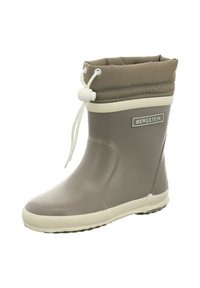 Botte de pluie en caoutchouc taupe avec une semelle beige clair. Dispose d'un tour de jambe ajustable avec cordon de serrage et d'un logo sur le côté.