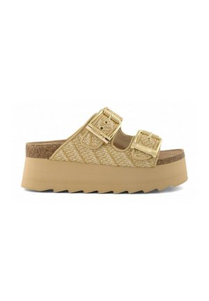 Sandalo platform beige con suola spessa, due cinturini regolabili con fibbie dorate e tomaia in materiale intrecciato e strutturato.