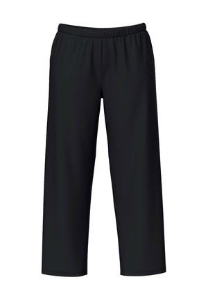Pantalons noirs à coupe décontractée avec taille élastique, jambes droites et coupe longueur cheville, présentés sur fond blanc.