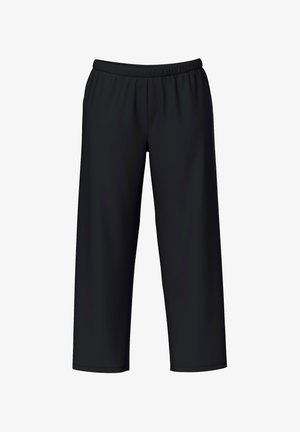 Czarne luźne spodnie z elastycznym pasem, prostymi nogawkami i długością do kostek, prezentowane na białym tle.
