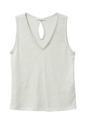 Ærmeløs, lysegrå striktop med V-hals og nøglehulskæring bagpå, fremstillet i et blødt, let tekstureret stof.