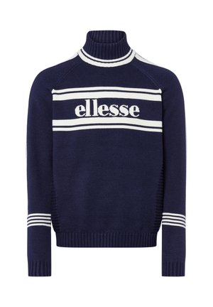 Navy-blaues Strickpullover mit einem hohen Rippkragen, weißen Streifen über der Brust und an den Ärmeln, mit dem weißen "ellesse"-Logo.