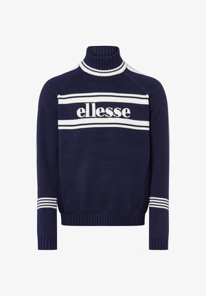 Granatowy sweter z dzianiny z wysokim żeberkowym kołnierzem, z białymi paskami na klatce piersiowej i rękawach, z logo "ellesse" w kolorze białym.